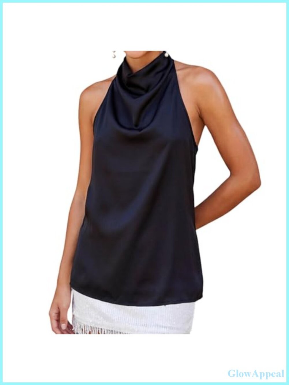 Satin High Neck Cowl Neck Halter Top Sleeveless Loose Fit Business Casual